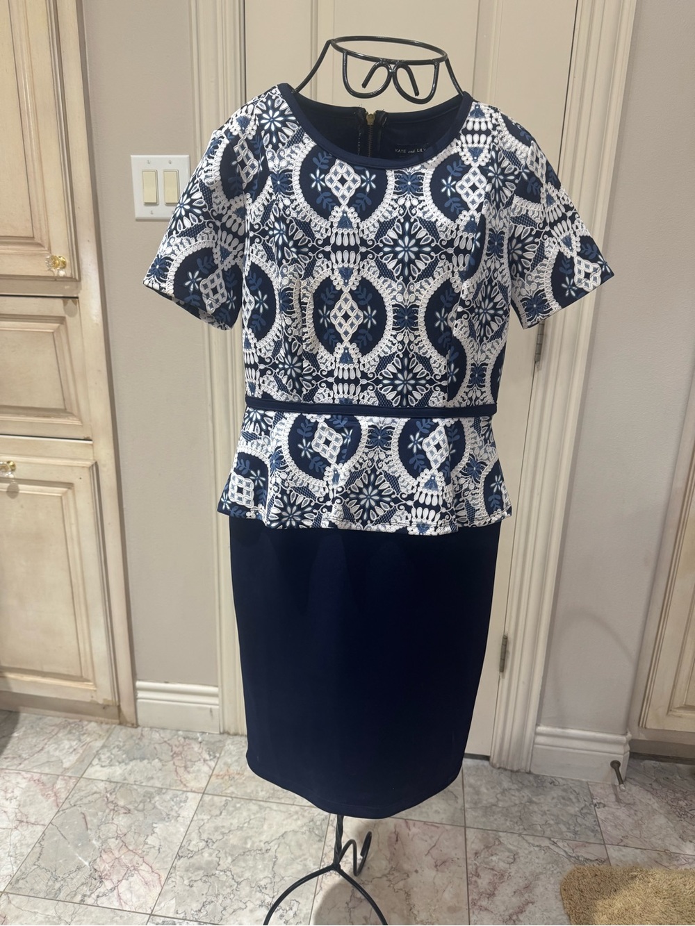 Navy and White Patterned Peplum Skirt